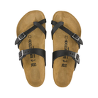 Top View of Women’s Birkenstock Mayari Oiled Leather sandal in black – featuring premium oiled leather straps in a crisscross design with a supportive toe loop, adjustable metal buckles for a customized fit, anatomically shaped cork-latex footbed with deep heel cup and raised toe bar for natural alignment, and suede lining for moisture-wicking comfort.
