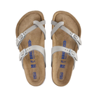 Top View of Women’s Birkenstock Mayari Soft Footbed Nubuck Leather sandal in dove grey – featuring soft nubuck leather straps with toe loop and crisscross design, adjustable metal buckles for a custom fit, and contoured cork-latex soft footbed for extra cushioning and arch support.