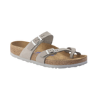 Side View of Women’s Birkenstock Mayari Soft Footbed Nubuck Leather sandal in dove grey – featuring soft nubuck leather straps with toe loop and crisscross design, adjustable metal buckles for a customized fit, contoured cork-latex soft footbed with extra foam layer for enhanced comfort, and lightweight EVA outsole for flexibility and shock absorption.