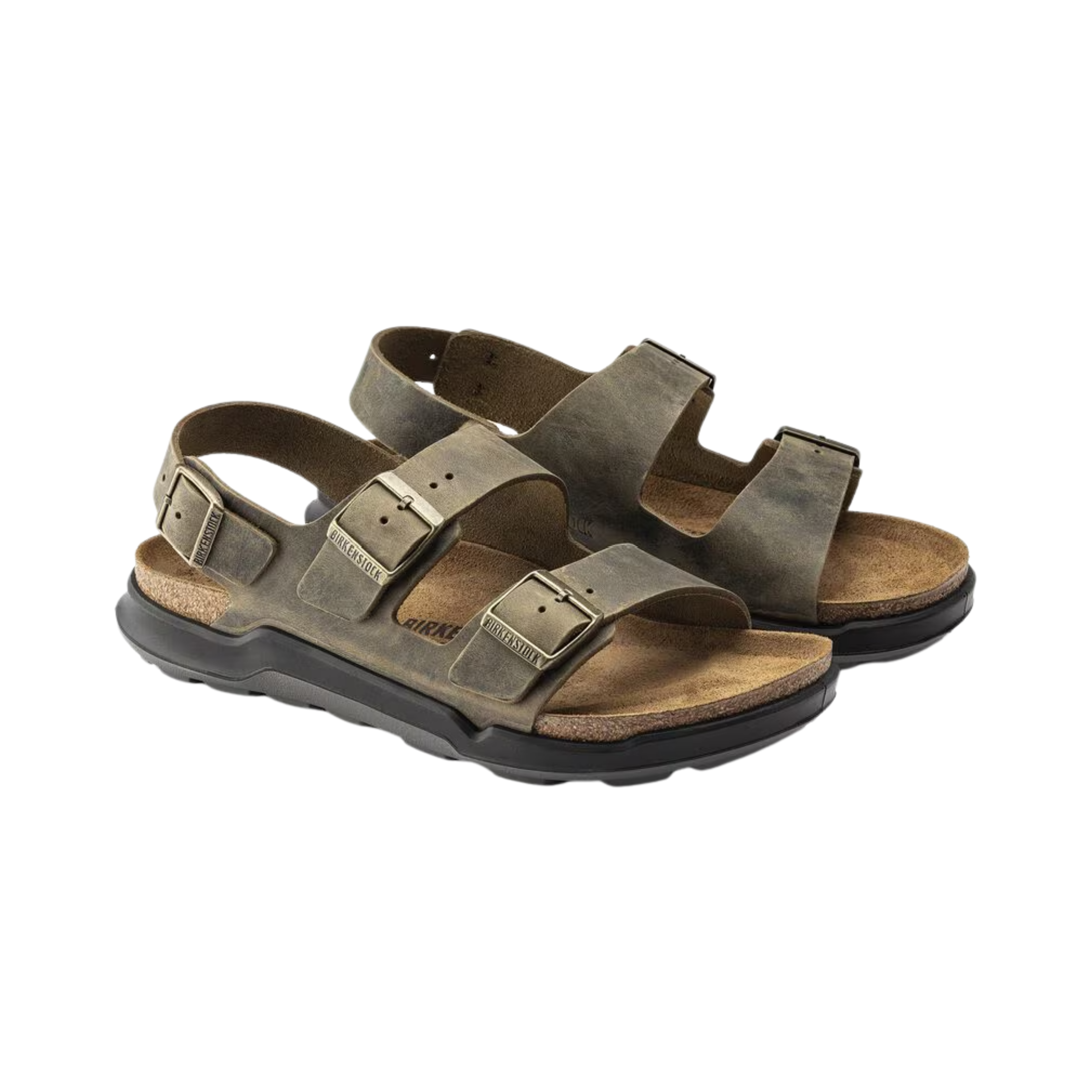 Side View of Men’s Birkenstock Milano Rugged sandal in oiled leather faded khaki – featuring thick adjustable leather straps with metal buckles, contoured cork-latex footbed for support, and rugged EVA outsole for durable traction.