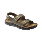 Side View of Men’s Birkenstock Milano Rugged sandal in oiled leather faded khaki – featuring thick adjustable leather straps with metal buckles, contoured cork-latex footbed for support, and rugged EVA outsole for durable traction.