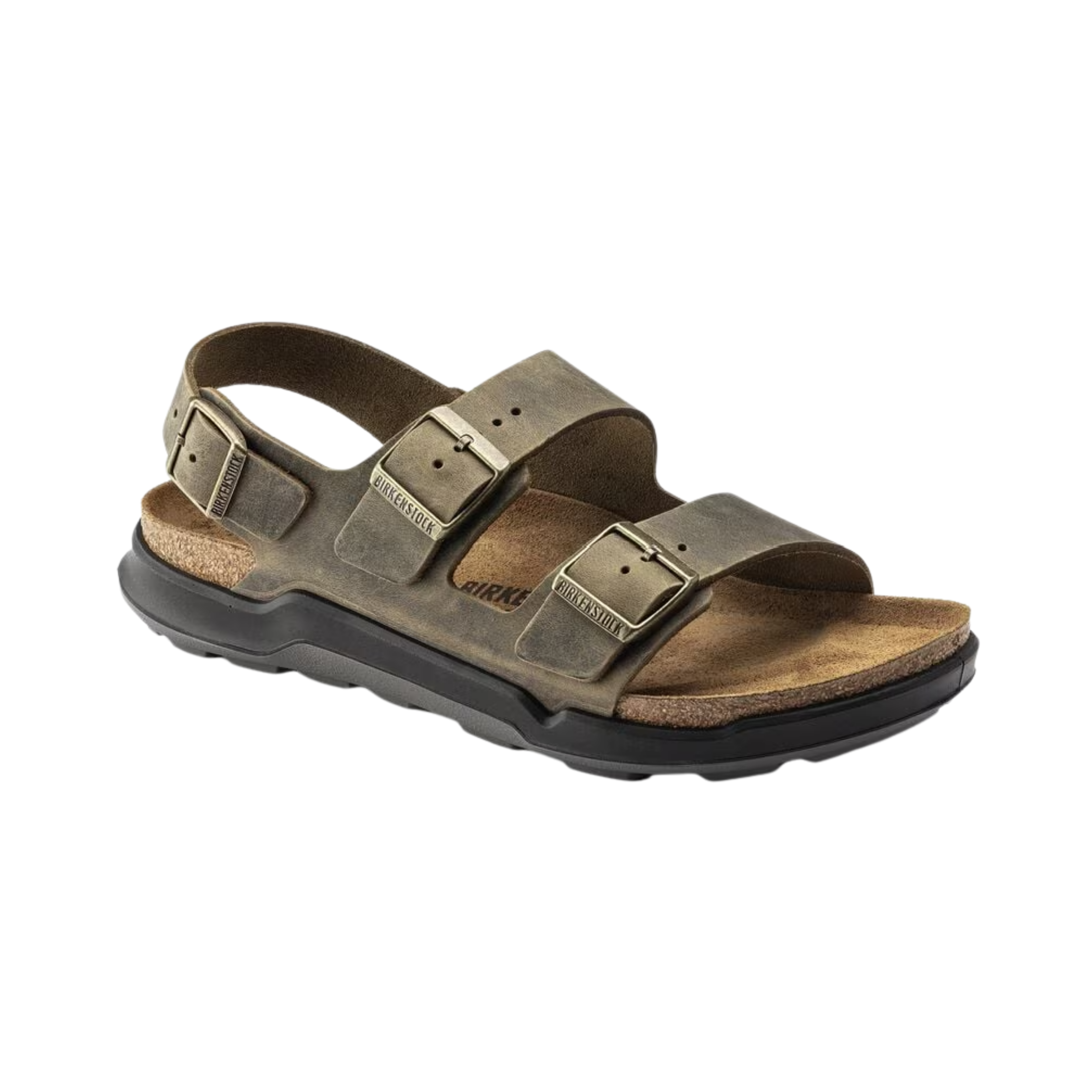 Side View of Men’s Birkenstock Milano Rugged sandal in oiled leather faded khaki – featuring thick adjustable leather straps with metal buckles, contoured cork-latex footbed for support, and rugged EVA outsole for durable traction.