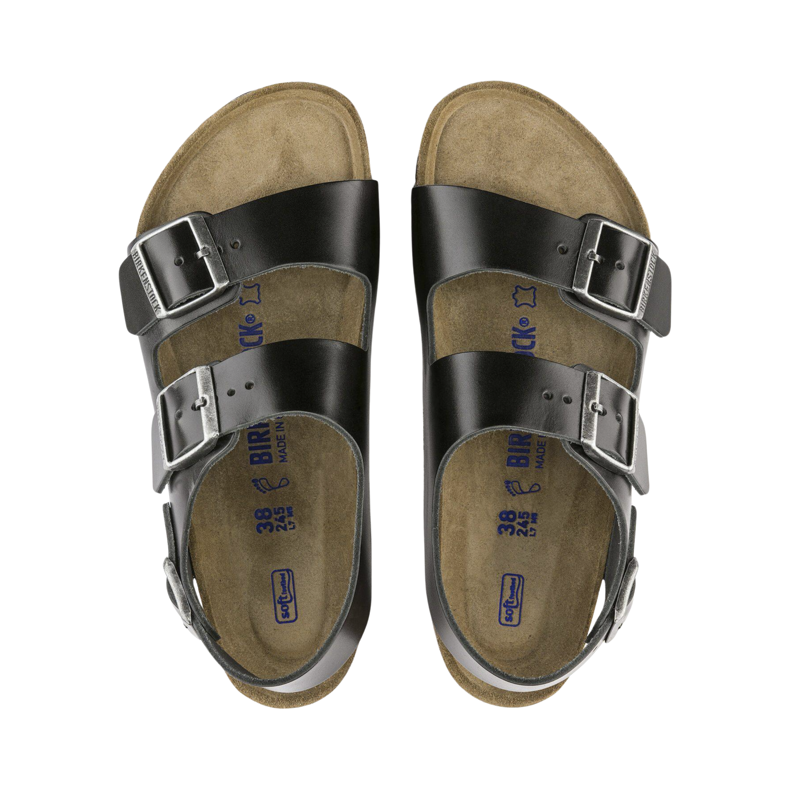 Top View of Men’s Birkenstock Milano Soft Footbed Smooth Leather sandal in amalfi black – featuring three adjustable smooth leather straps, contoured cork-latex soft footbed for extra cushioning, and spacious toe area for natural foot positioning.