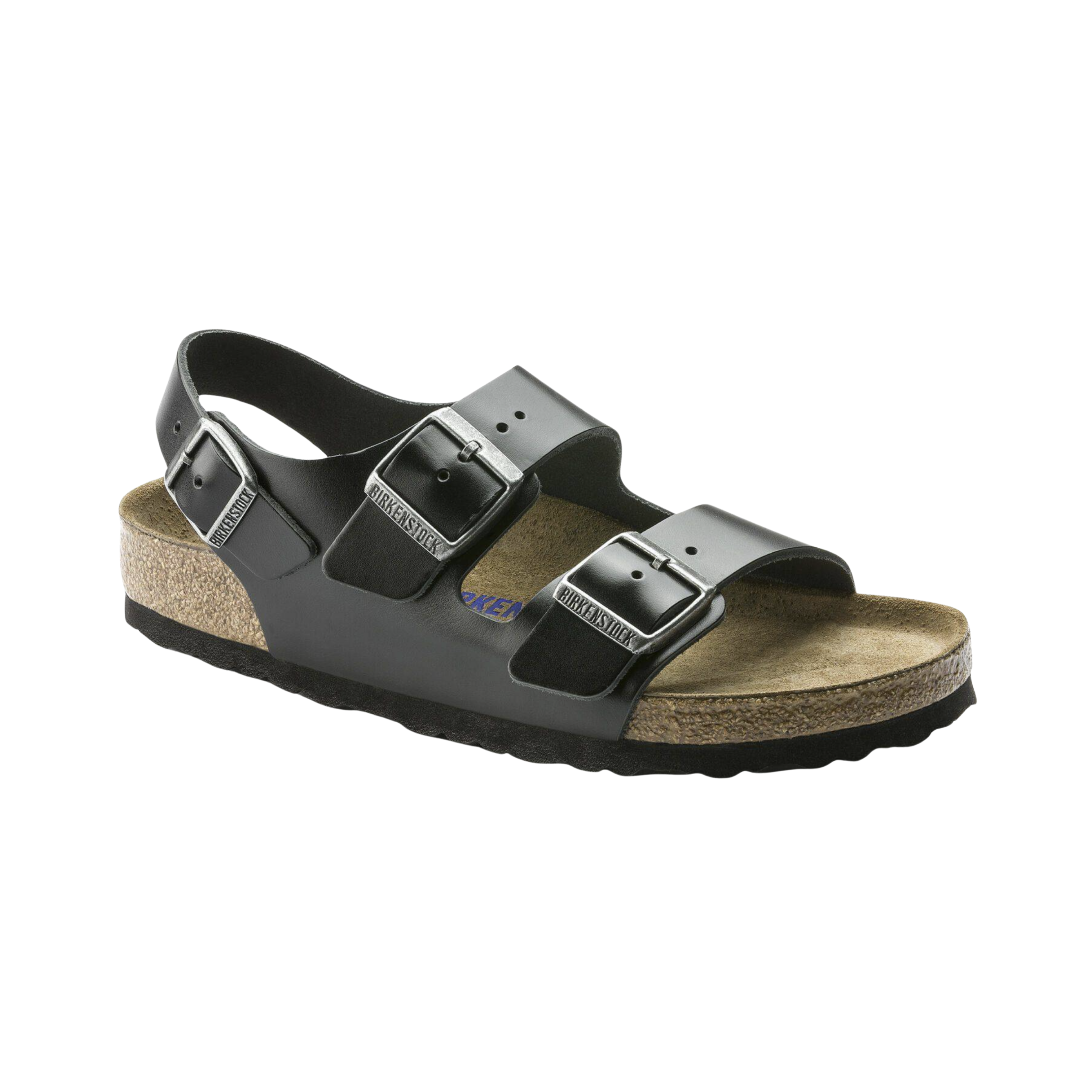 Side View of Men’s Birkenstock Milano Soft Footbed Smooth Leather sandal in amalfi black – featuring premium smooth leather straps with buckle closures, anatomically shaped cork-latex soft footbed for cushioned support, and lightweight EVA outsole for durable wear.