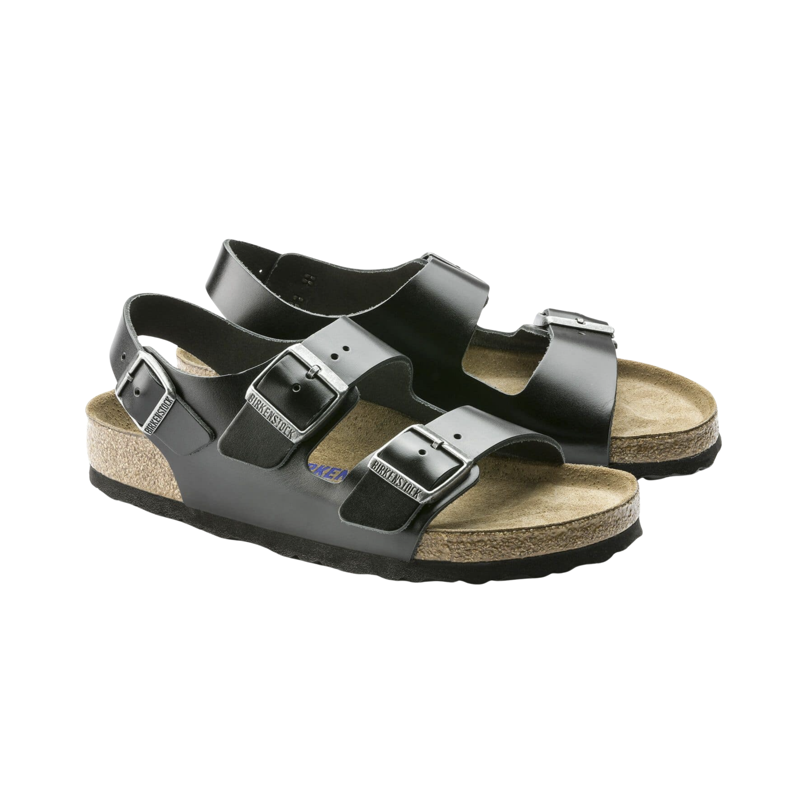 Side View of Men’s Birkenstock Milano Soft Footbed Smooth Leather sandal in amalfi black – featuring smooth leather straps with adjustable metal buckles, contoured cork-latex soft footbed for enhanced support, and durable EVA outsole for everyday comfort.