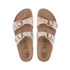 Top view of Women’s Birkenstock Sydney Vegan Birko-Flor sandal in Summer Floral Rose – featuring a stylish floral pattern, adjustable straps, and a comfortable cork footbed.