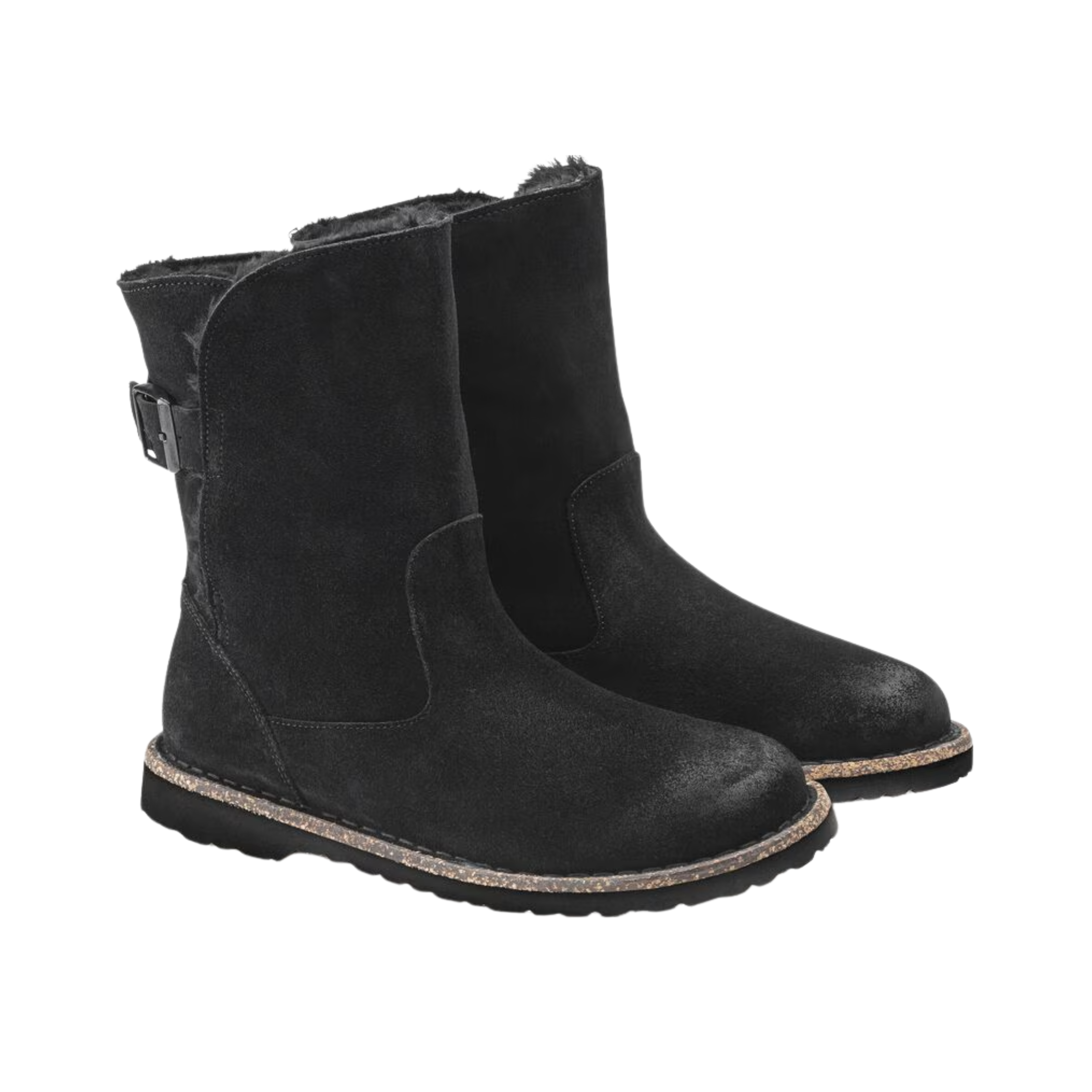 Side View of Women’s Birkenstock Uppsala Shearling Suede Leather boot in black – featuring a soft suede leather upper, warm shearling lining for insulated comfort, and flexible rubber outsole for reliable grip in cold weather.