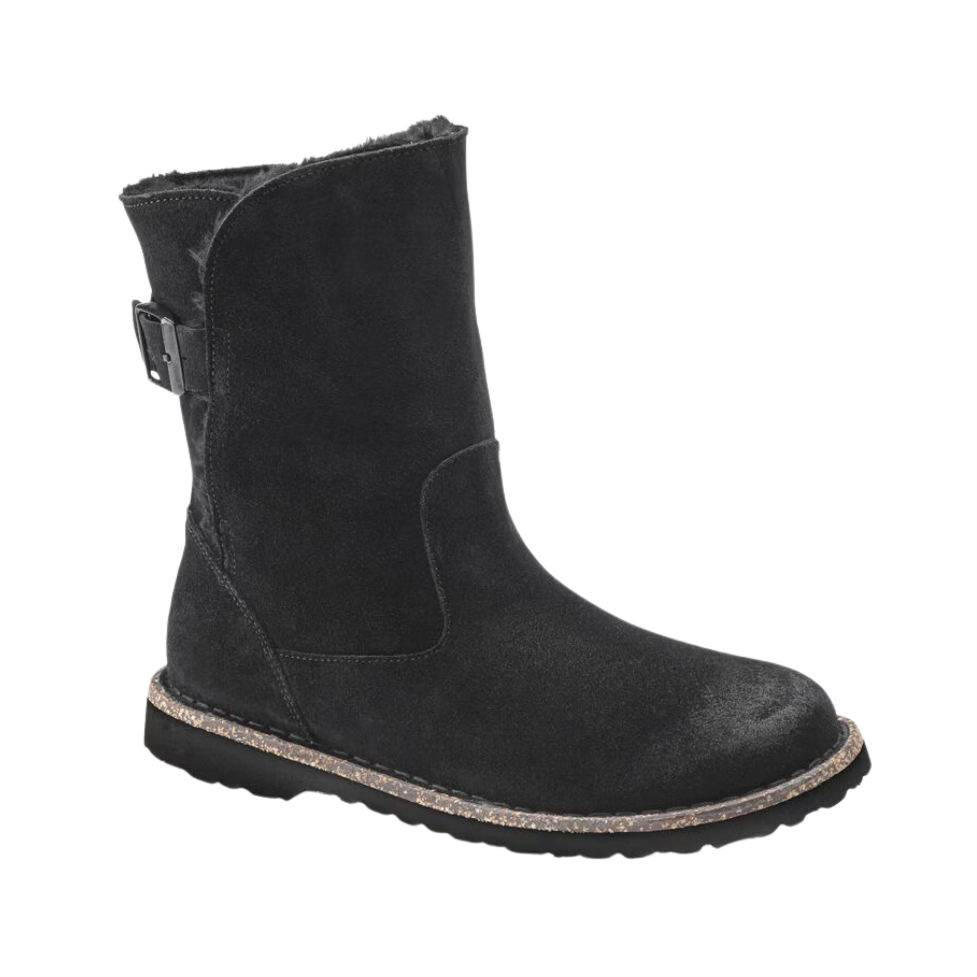 Side View of Women’s Birkenstock Uppsala Shearling Suede Leather boot in black – featuring a fold-over suede upper with visible shearling trim, cozy shearling-lined footbed for warmth, and grippy rubber outsole for cold-weather wear.
