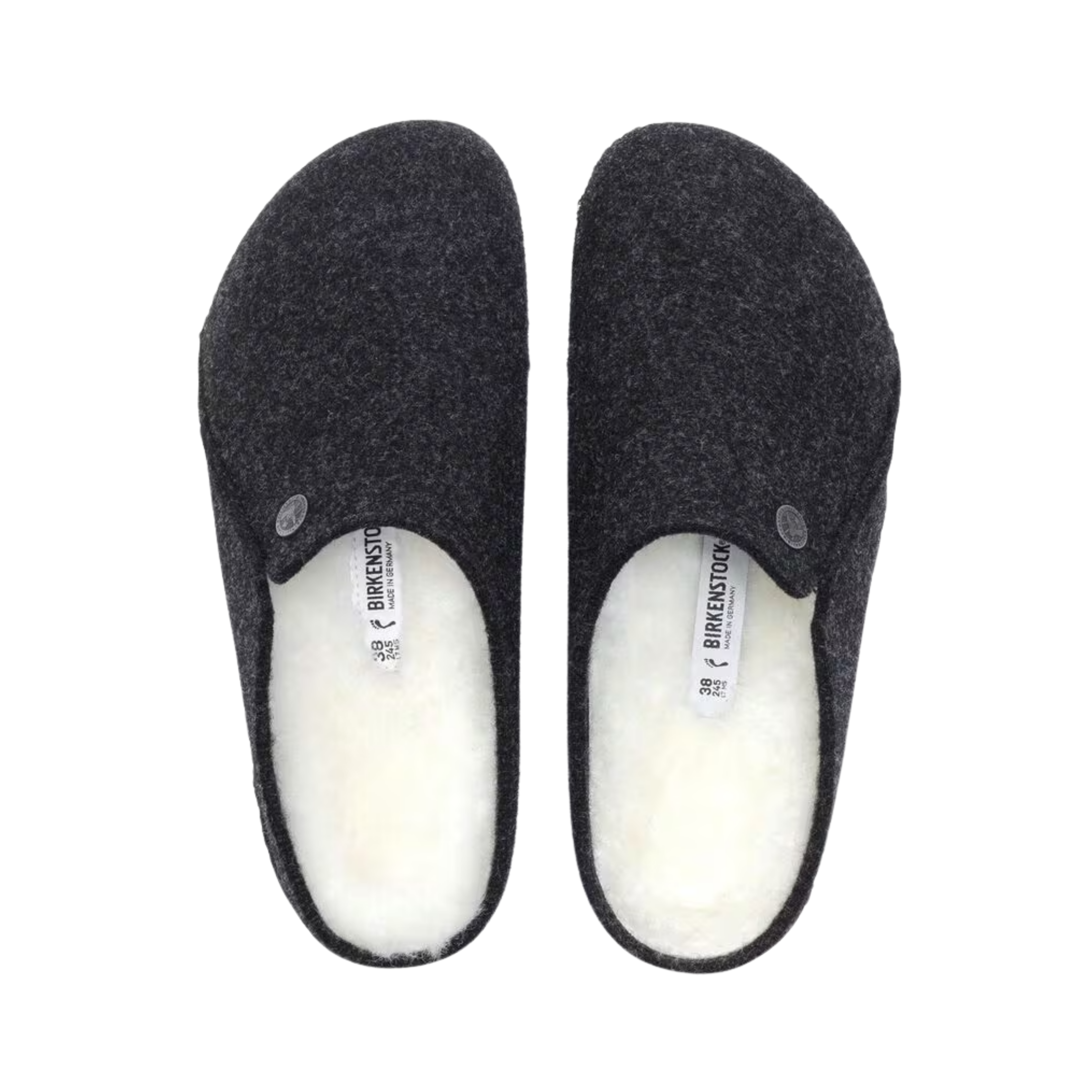 Top View of Men’s Birkenstock Zermatt Shearling Wool Felt slipper in anthracite – featuring a soft wool felt upper, genuine shearling-lined footbed for cozy warmth, and roomy toe box for natural foot positioning.
