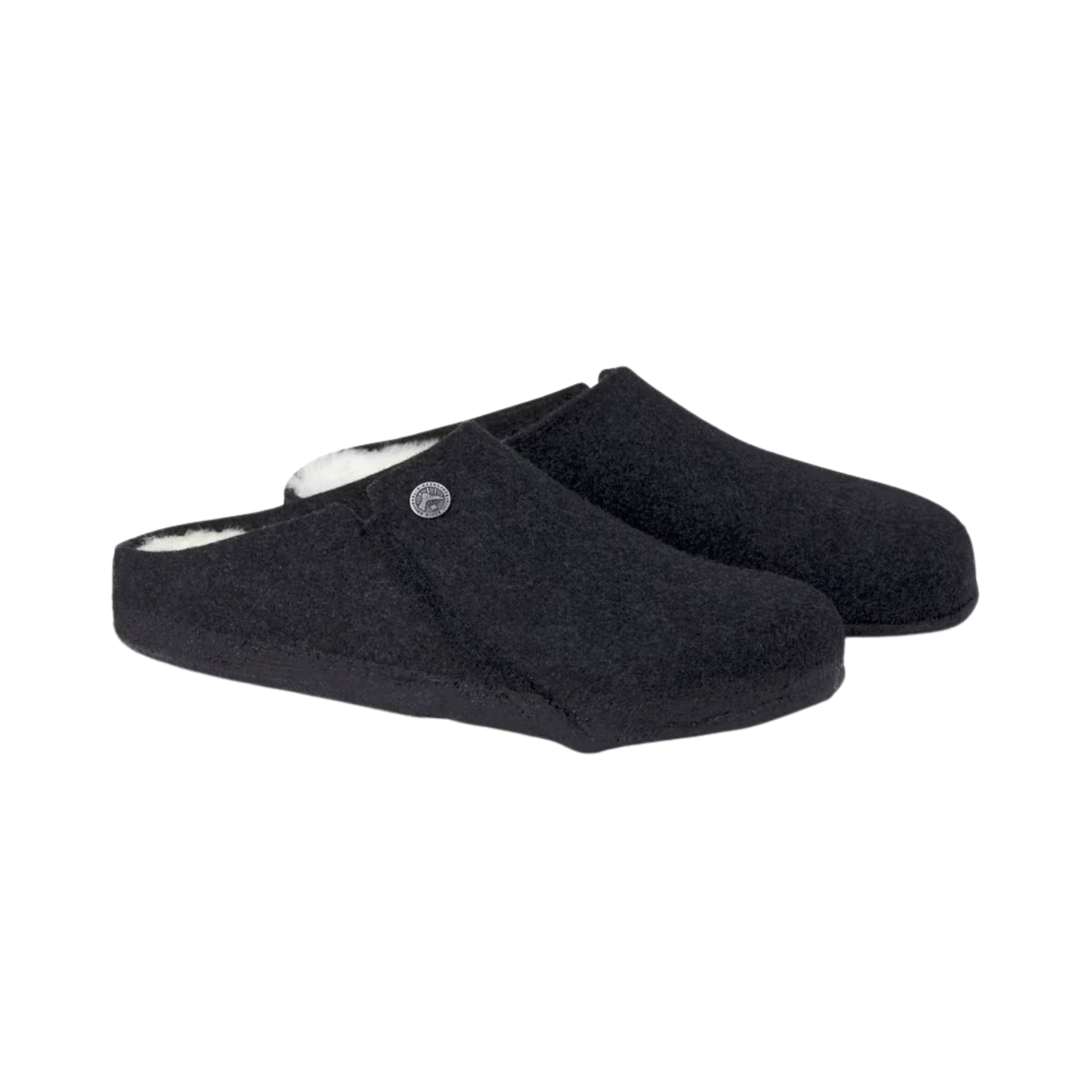 Side View of Men’s Birkenstock Zermatt Shearling Wool Felt slipper in anthracite – featuring a warm wool felt upper, shearling-lined cork-latex footbed for soft arch support, and textured rubber outsole for light indoor-outdoor traction.