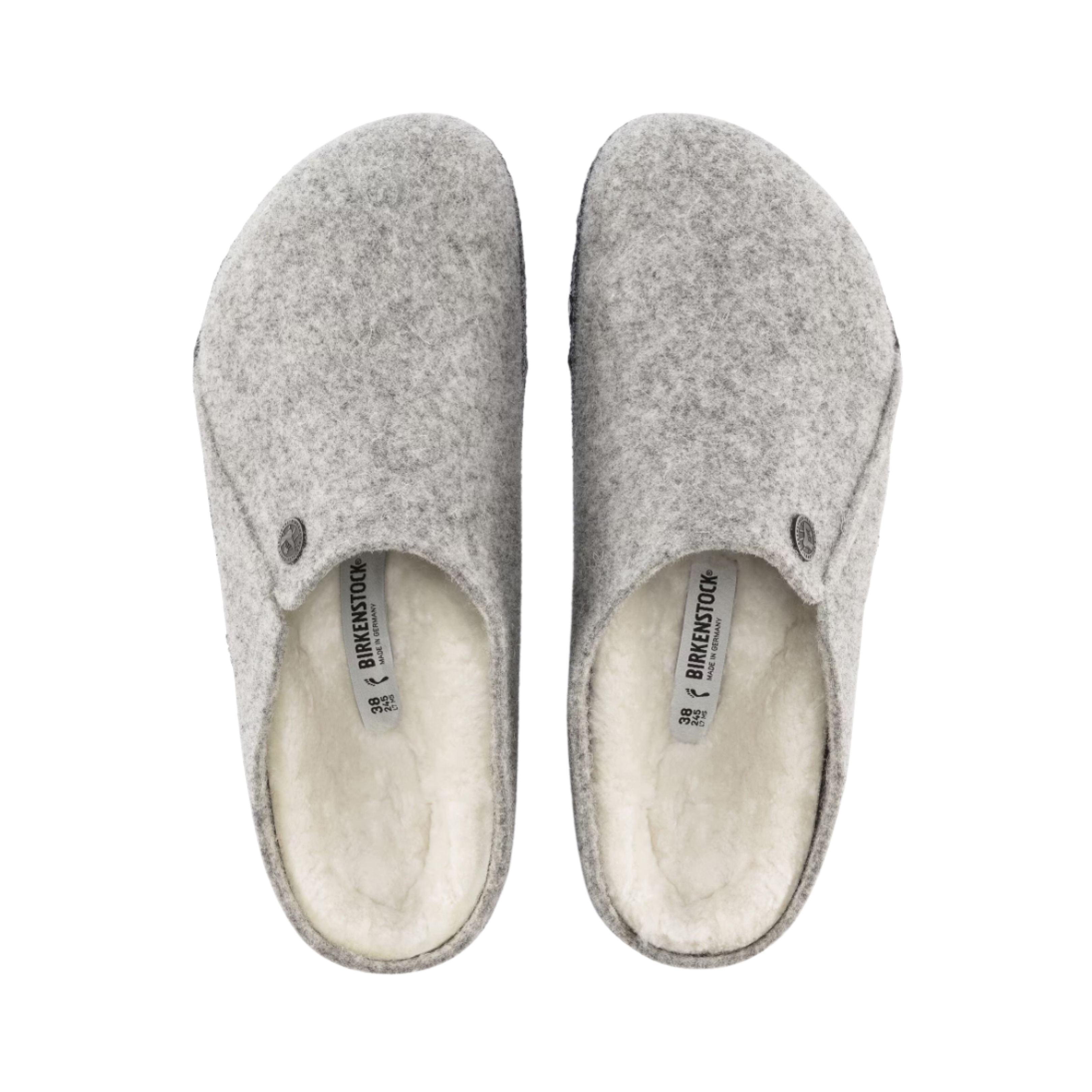Top View of Men’s Birkenstock Zermatt Shearling Wool Felt slipper in light grey – featuring a soft wool felt upper, genuine shearling-lined footbed for warmth and comfort, and roomy toe box for natural foot alignment.