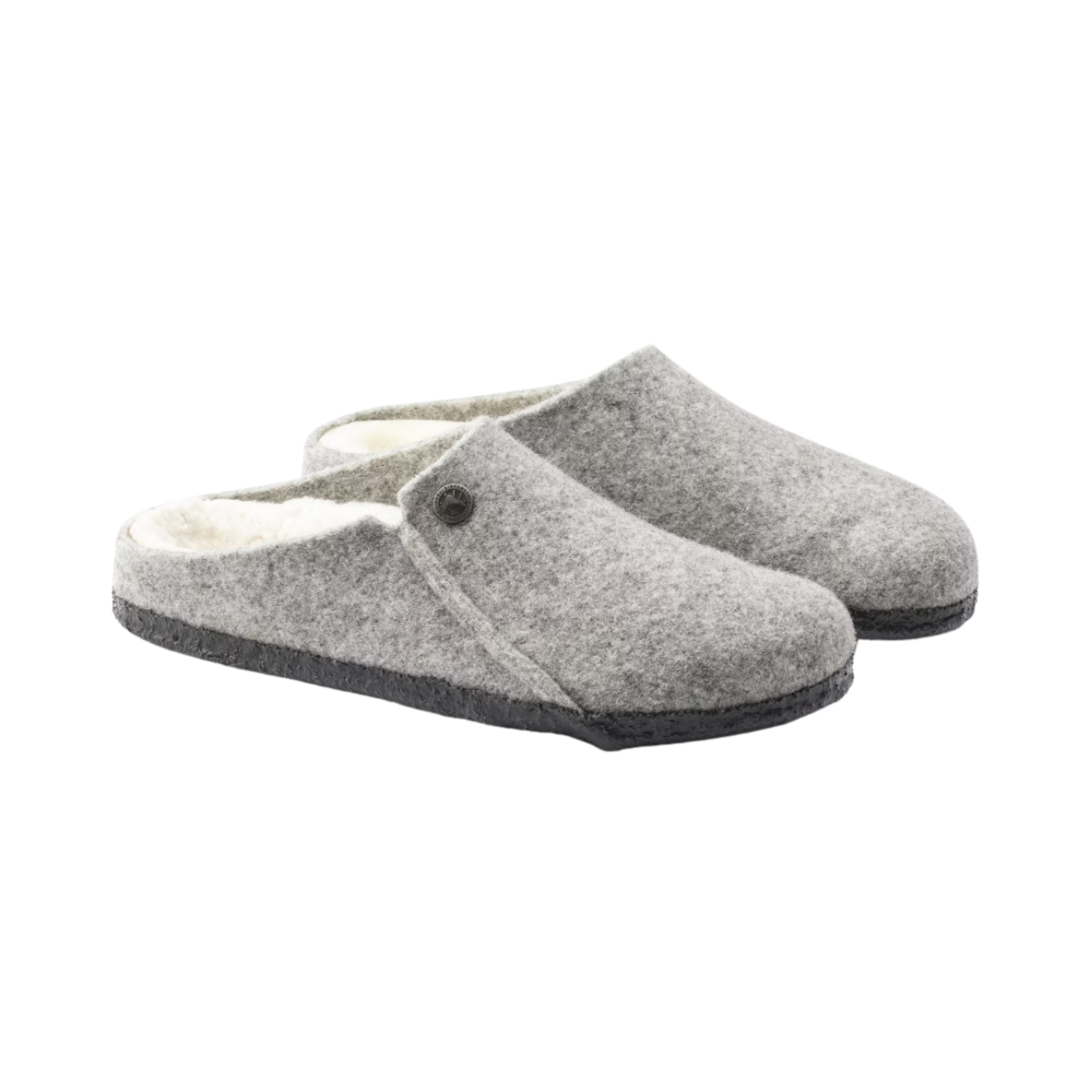 Side View of Men’s Birkenstock Zermatt Shearling Wool Felt slipper in light grey – featuring a cozy wool felt upper, shearling-lined contoured cork-latex footbed for supportive warmth, and textured rubber outsole for light indoor-outdoor wear.