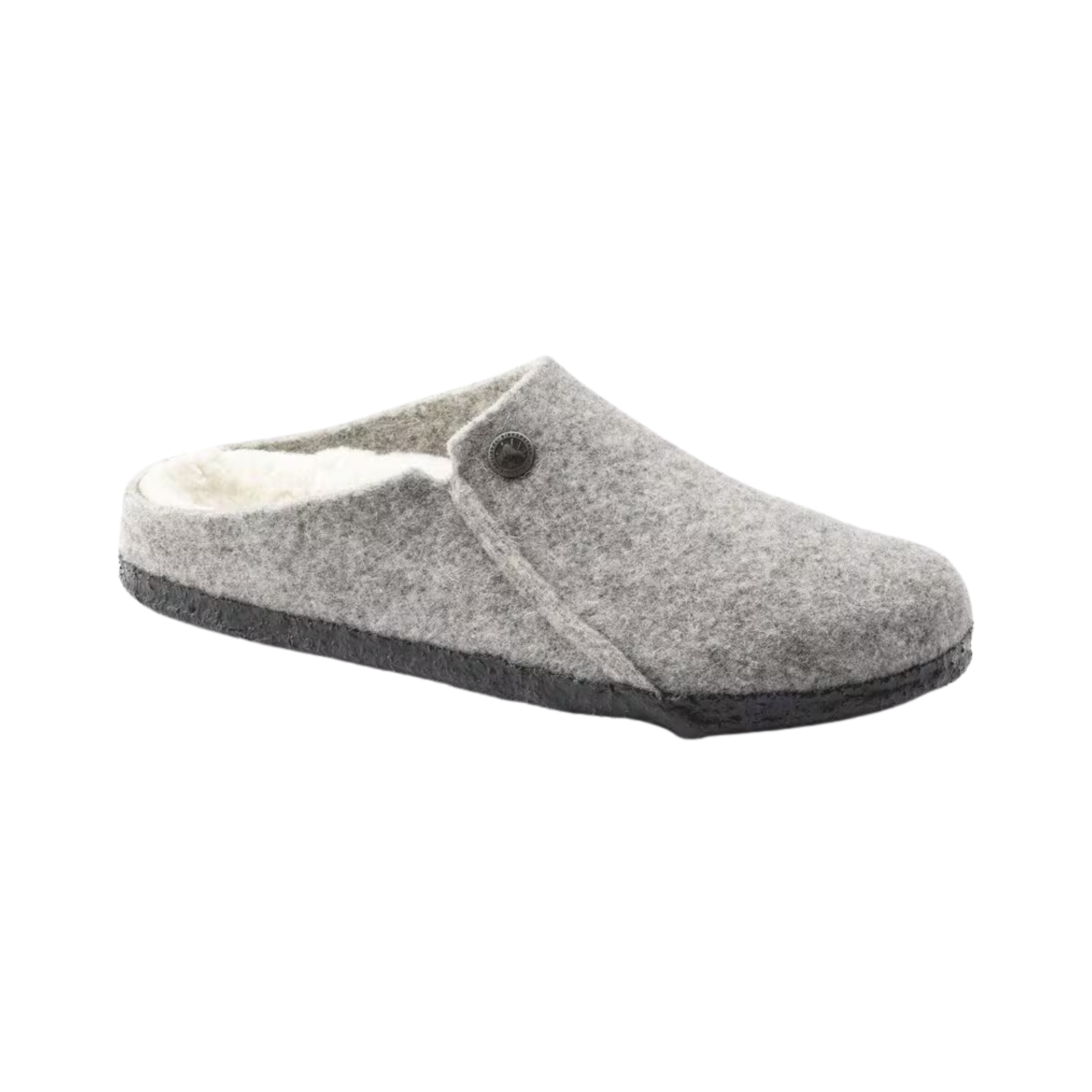 Side View of Men’s Birkenstock Zermatt Shearling Wool Felt slipper in light grey – featuring a cozy wool felt upper, shearling-lined contoured cork-latex footbed for supportive warmth, and textured rubber outsole for light indoor-outdoor wear.