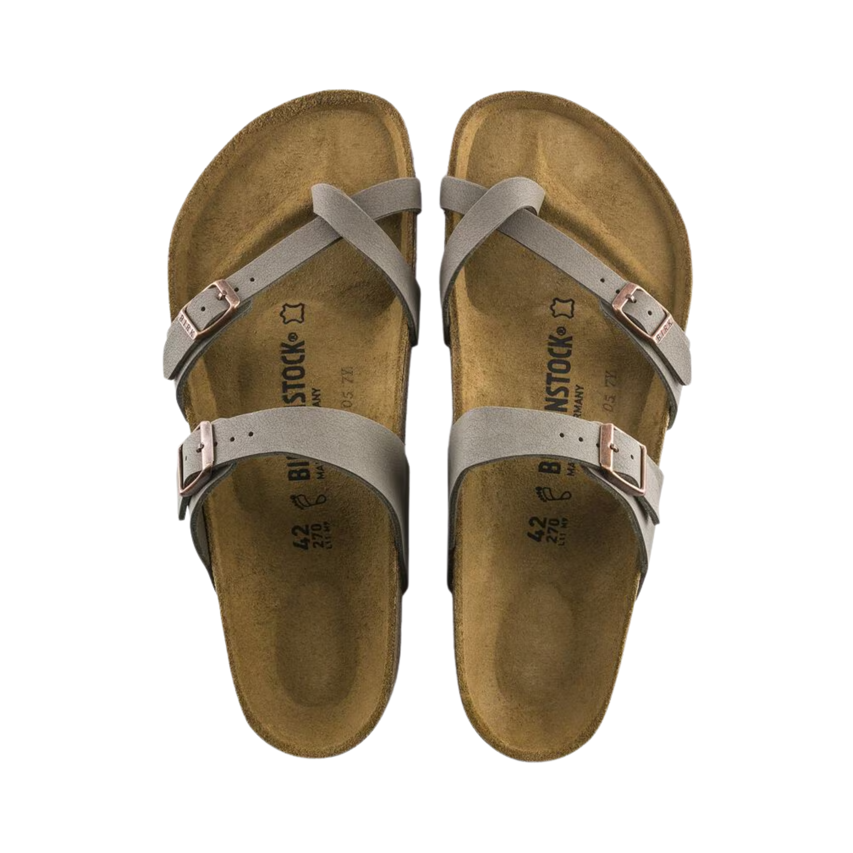 Top View of Women’s Birkenstock Mayari Birkibuc sandal in stone – featuring soft Birkibuc synthetic straps with toe loop design, adjustable metal buckles for a custom fit, and contoured cork-latex footbed for arch support and comfort.