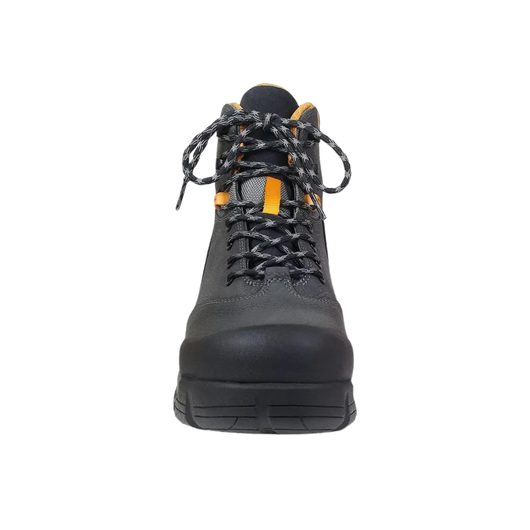 Front view of Men’s Bogs Bedrock 6-Inch Composite Toe Boot in black – presenting the composite toe cap, lace-up closure with metal eyelets, and durable leather construction.