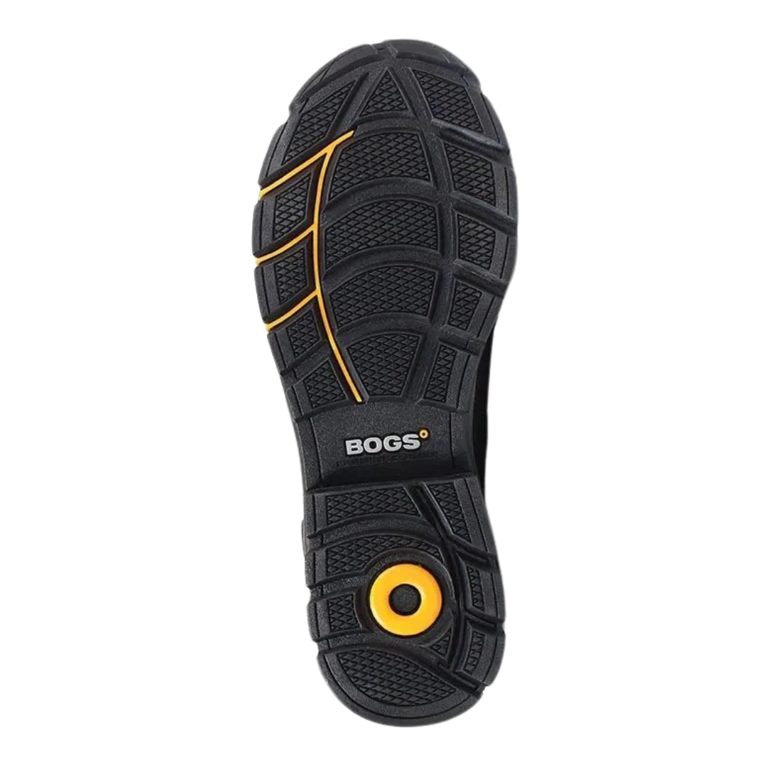 Bottom view of Men’s Bogs Bedrock 6-Inch Composite Toe Boot in black – highlighting the slip-, oil-, and abrasion-resistant outsole with defined tread pattern for reliable traction.
