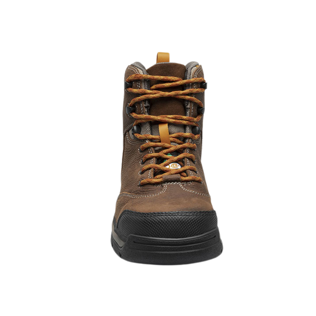 Front view of Men’s Bogs Bedrock Shell 6-inch Composite Toe Boot in Brown – featuring a padded collar and tongue, lace-up closure with metal eyelets, and a removable BLOOM eco-friendly EVA footbed for all-day comfort and support.