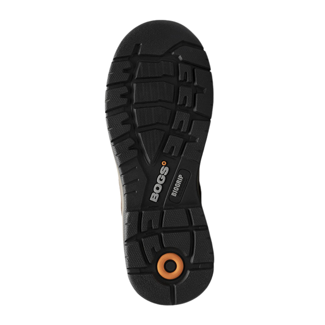 Bottom View of Men’s Bogs Bedrock Shell 6-inch Composite Toe Boot in Brown – featuring a BioGrip rubber outsole with a tread pattern designed for slip, oil, and chemical resistance, providing stability on various surfaces.
