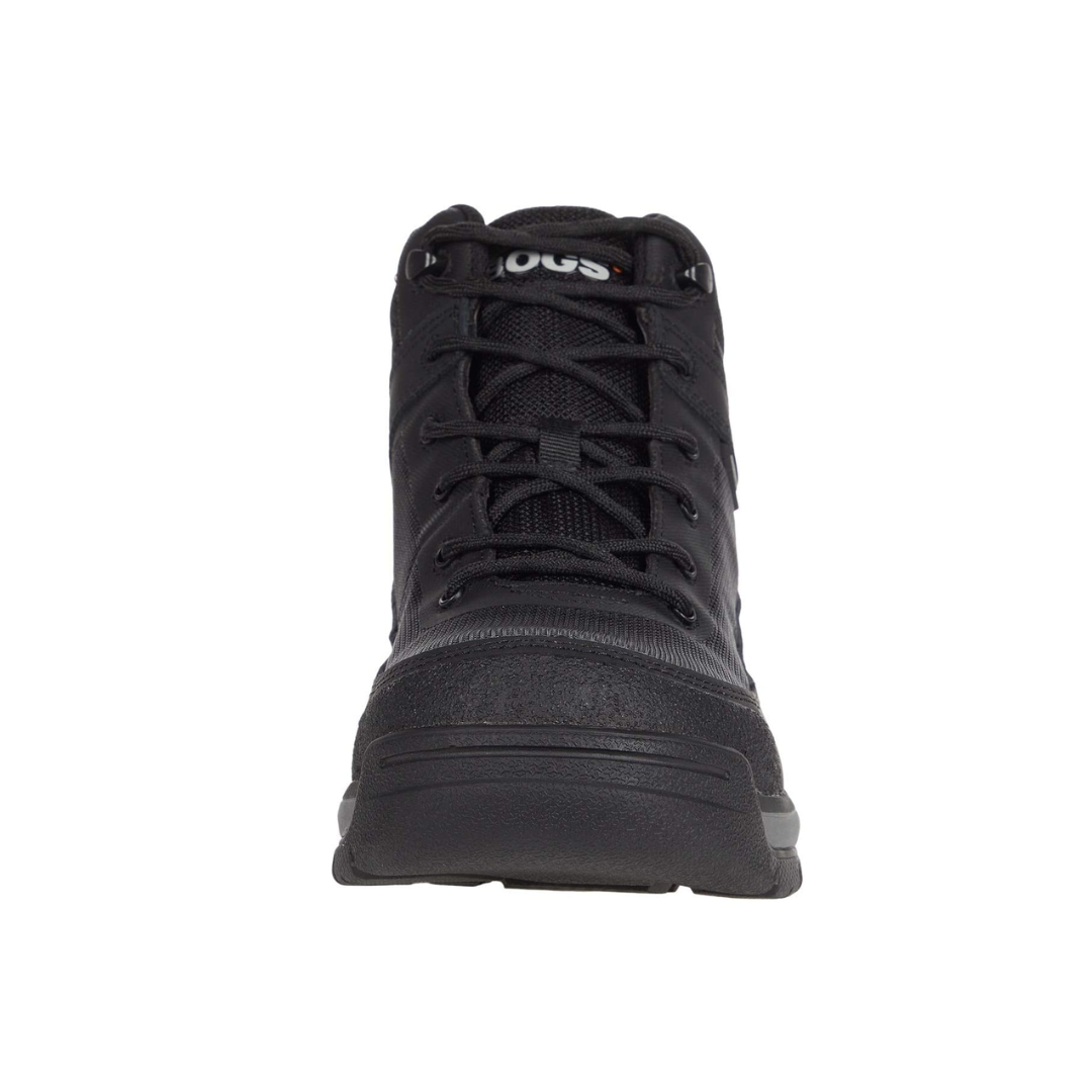 Front view of Men’s Bogs Shale Mid Composite Toe ESD Boot in Black – featuring a padded tongue and collar, lace-up closure, and a removable BLOOM eco-friendly EVA footbed for enhanced cushioning and all-day comfort.
