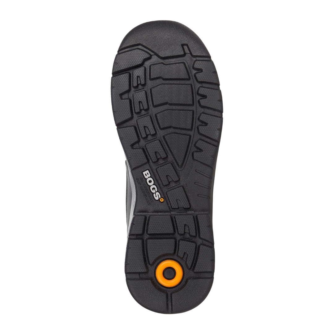 Bottom view of Men’s Bogs Shale Mid Composite Toe ESD Boot in Black – featuring a BioGrip rubber outsole with a deeply treaded pattern built to deliver exceptional grip, slip resistance, and electrostatic discharge (ESD) protection.