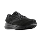 Angled view of Men’s Brooks Adrenaline GTS 24 running shoe in black, black, and ebony – featuring supportive midsole with medial post to control overpronation, breathable mesh panels for ventilation, and sleek silhouette optimized for running efficiency.