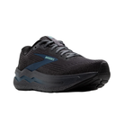 Angled view of Men’s Brooks Ghost Max 2 running shoe in ebony, cockatoo, and blue sapphire – featuring enhanced midsole with extra cushioning for long-distance comfort, breathable mesh panels for ventilation, and sleek design for running efficiency.