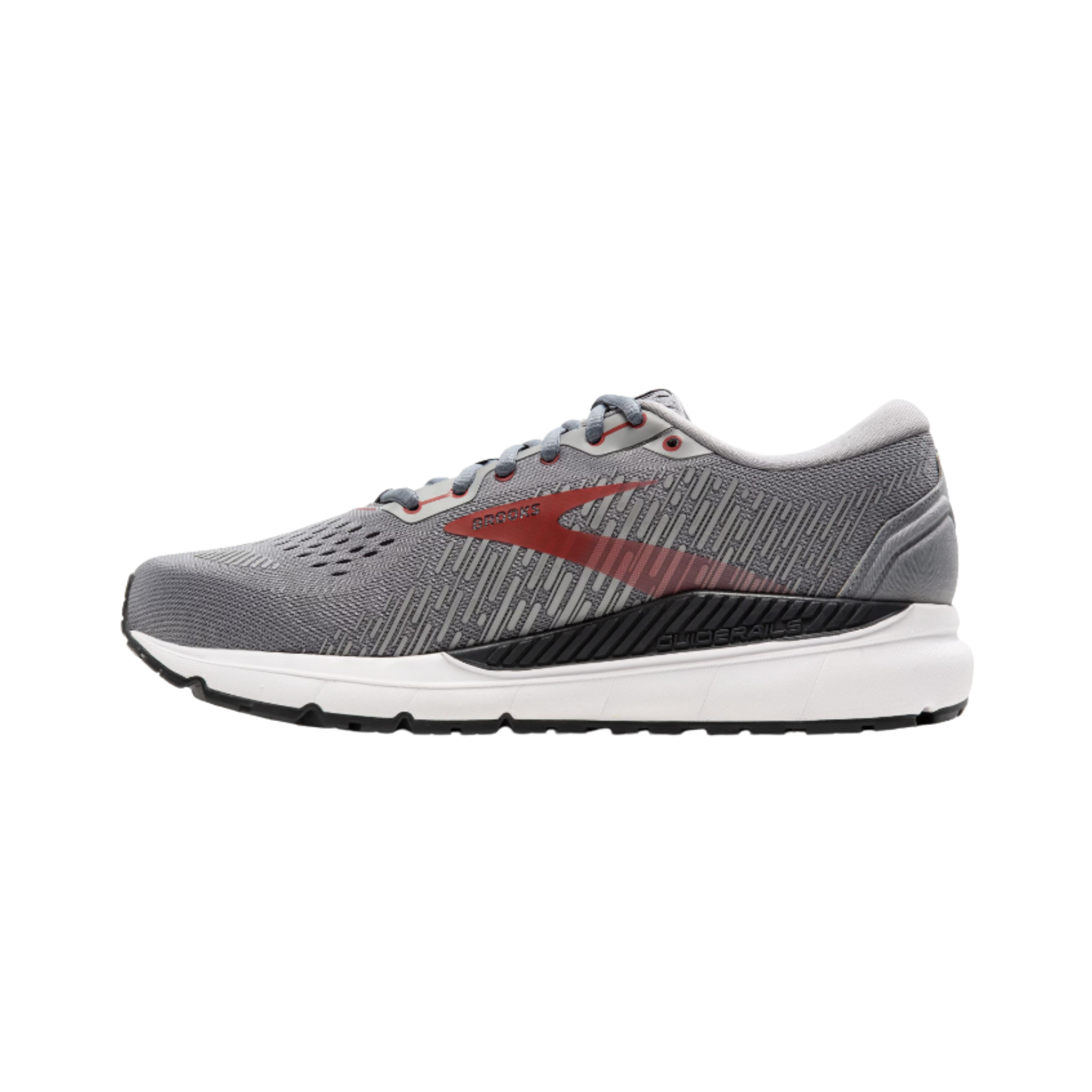Side view of Brooks Addiction GTS 15 Men’s in Chili Oil/Gray/Ebony – Featuring GuideRails® support system that provides holistic stability and reduces excess movement for overpronators.