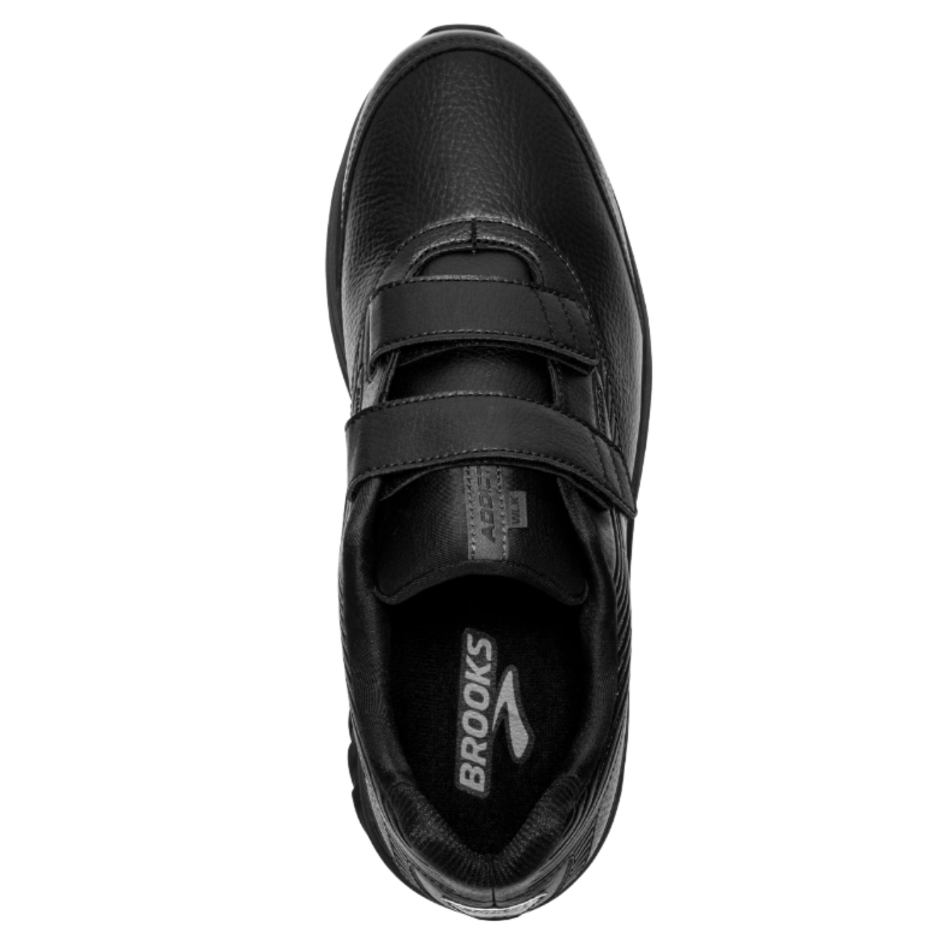 Top view of Brooks Addiction Walker V-Strap 2 in Black/Black for men - featuring a secure, adjustable V-Strap closure for a customized fit and a leather upper for durability.
