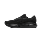 Side view of Men’s Brooks Adrenaline GTS 24 running shoe in black, black, and ebony – featuring engineered mesh upper for breathability, GuideRails support system to stabilize the foot and reduce excess movement, and BioMoGo DNA midsole for adaptive cushioning and shock absorption.