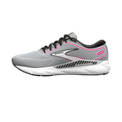 Side View of Women’s Brooks Ariel GTS 23 in grey/black/pink – showcasing the GuideRails® support system to reduce excess movement, a wide base platform for stability, and plush cushioning for a smooth, secure ride.