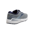Angled view of Men’s Brooks Beast 20 running shoe in blue, grey, and peacoat – featuring robust support, plush cushioning, and a rugged design ideal for overpronators and heavy runners.