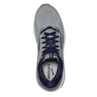 Top view of Men’s Brooks Beast 20 running shoe in blue, grey, and peacoat – featuring engineered mesh upper for breathability, padded tongue, and secure lace-up closure for a comfortable fit.