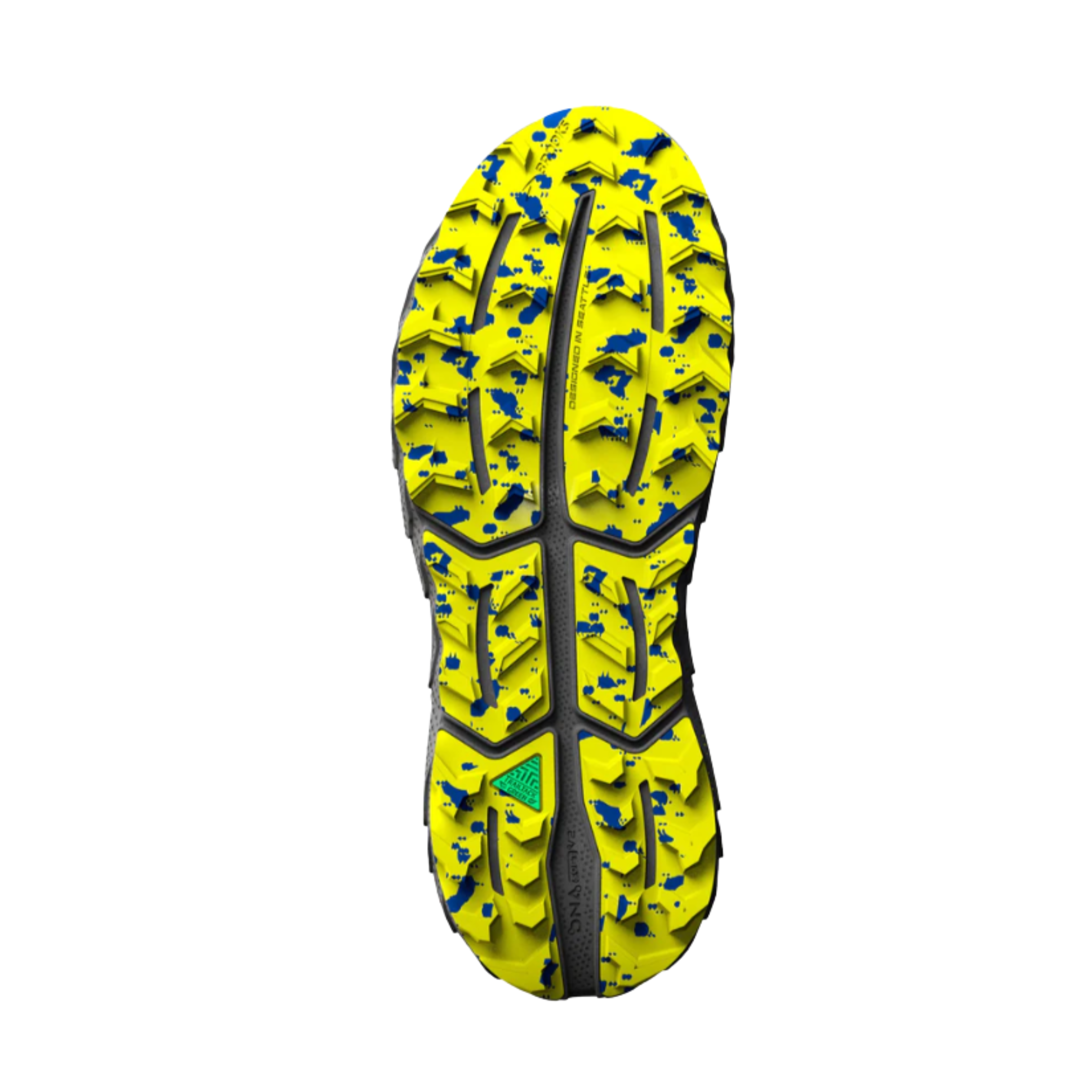 Bottom View of Men’s Brooks Cascadia 17 Trail Running Shoe in Blue/Surf the Web/Sulphur – Featuring a rugged, rubber outsole with deep treads for superior grip on wet, muddy, and uneven surfaces.