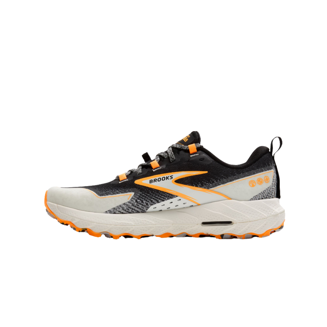 Side View of Men’s Brooks Cascadia 17 trail running shoe in chateau grey forged iron – featuring a breathable mesh upper with protective overlays, DNA LOFT v2 midsole for adaptive cushioning, and TrailTack rubber outsole for rugged terrain traction.
