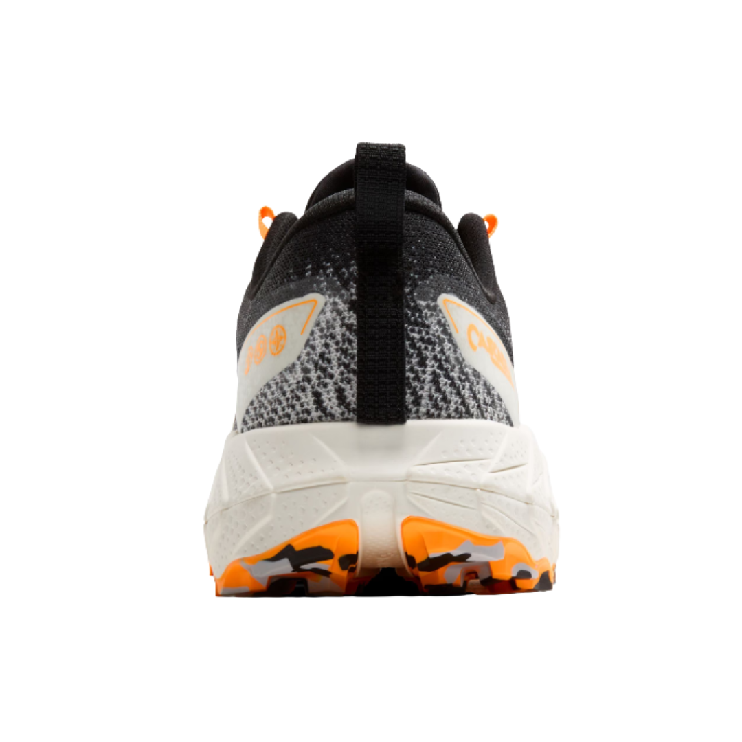 Back View of Men’s Brooks Cascadia 17 trail running shoe in chateau grey forged iron – featuring a reinforced heel counter for stability, pull tab for easy on and off, and rugged outsole design for trail-ready traction.