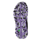 Bottom view of Brooks Cascadia 18 in Ebony, Sweet Lavender, and Copper for women - featuring an aggressive tread pattern for optimal grip and traction on uneven surfaces.