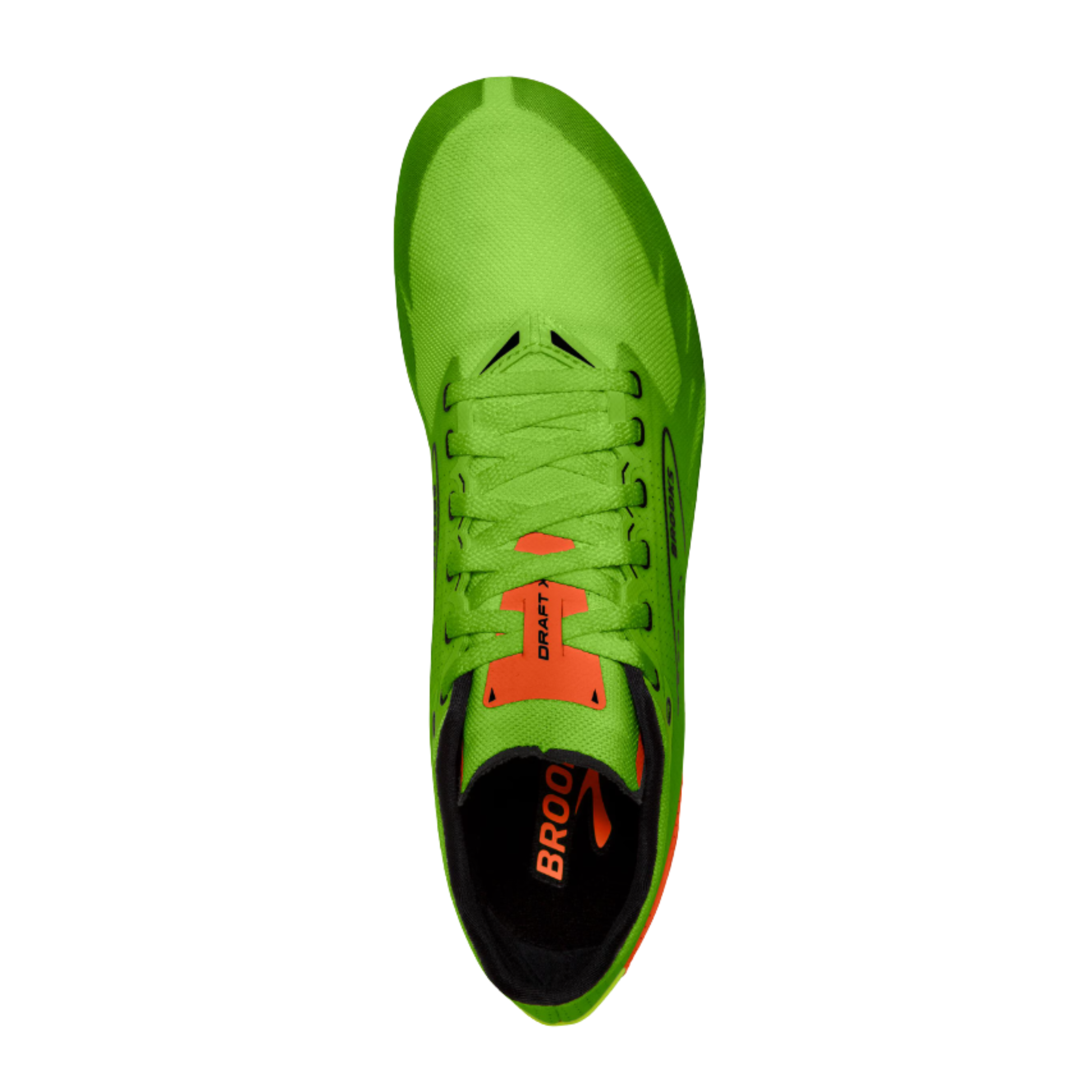 Top View of Men’s Brooks Draft XC Spike Running Shoe in Green Gecko/Red/Orange/White – Featuring a lightweight, breathable mesh upper, minimal interior padding, and streamlined race-day design.