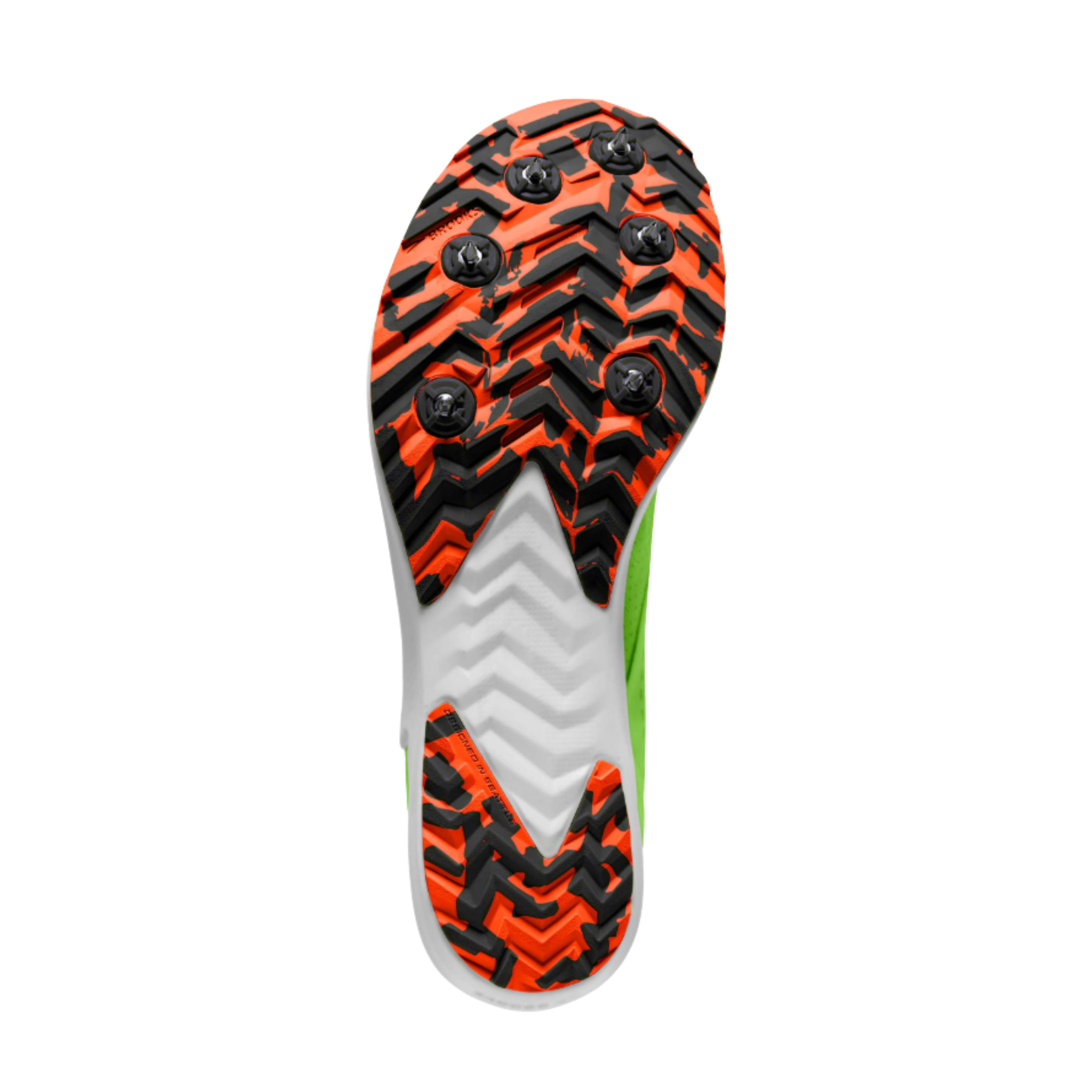 Bottom View of Men’s Brooks Draft XC Spike Running Shoe in Green Gecko/Red/Orange/White – Featuring a durable rubber outsole, six removable metal spikes, and grip-enhancing pattern for XC terrain.