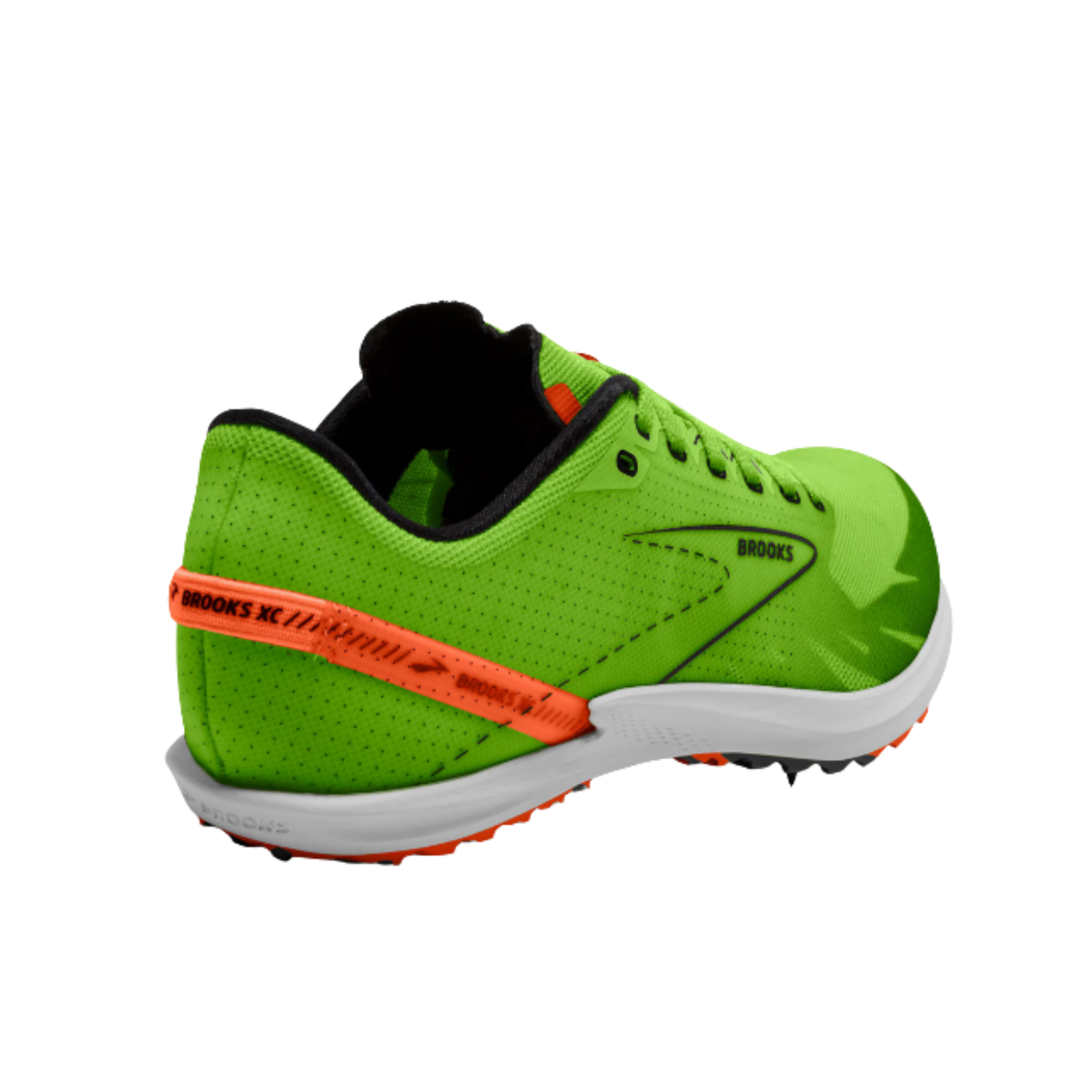 Angled View of Men’s Brooks Draft XC Spike Running Shoe in Green Gecko/Red/Orange/White – Featuring ultra-light construction, responsive midsole cushioning, and a vibrant race-ready aesthetic.