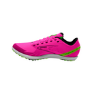 Side view of Brooks Draft XC Spike in Pink Glo/Green/Black - featuring a 6-pin spike plate that provides aggressive traction for fast starts and sharp cornering, ideal for cross-country terrain.