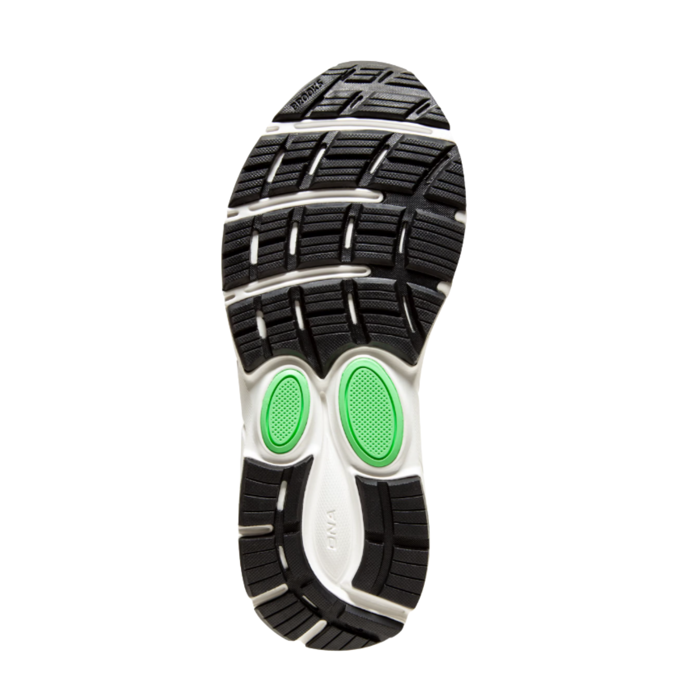Bottom view of Women’s Brooks Dyad 11 in Black/Ebony/Green - featuring a durable rubber outsole with a segmented crash pad for excellent traction and a smooth transition from heel to toe.