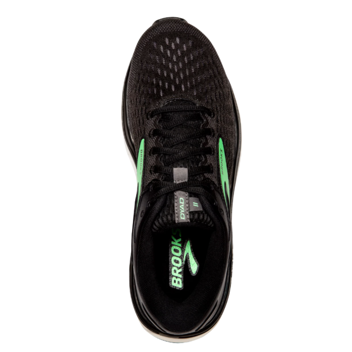 Top view of Women’s Brooks Dyad 11 in Black/Ebony/Green - featuring a breathable engineered mesh upper for a secure, adaptive fit, and a balanced cushioning system that supports neutral runners.