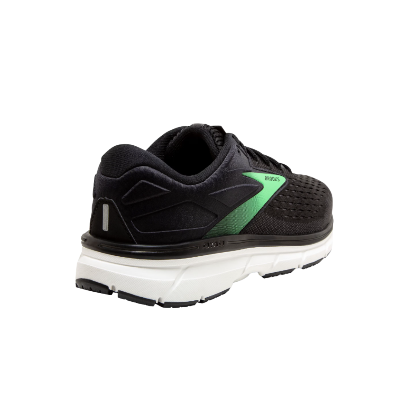 Angled view of Women’s Brooks Dyad 11 in Black/Ebony/Green - featuring a wide platform for enhanced stability, making it ideal for neutral runners seeking support without sacrificing flexibility.