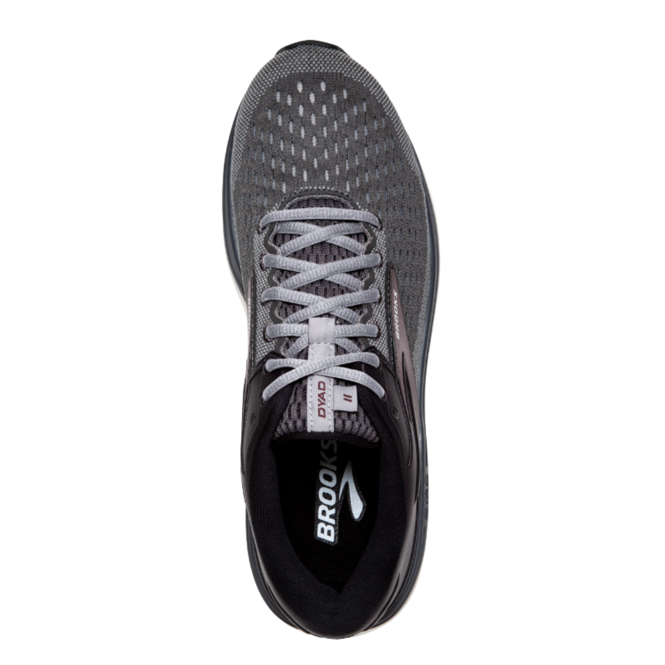 Front View of Men’s Brooks Dyad 11 running shoe in blackened pearl alloy red – featuring a breathable mesh upper with rounded toe, padded tongue for added comfort, and secure lace-up closure for a stable fit.