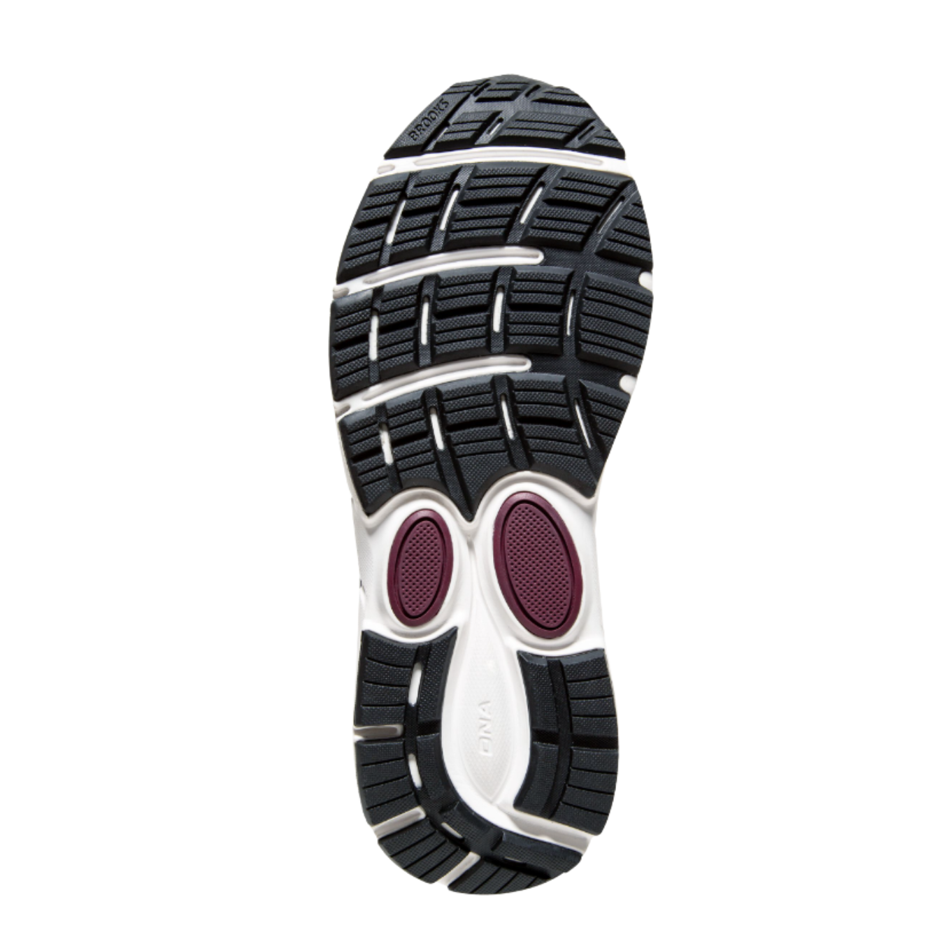 Back View of Men’s Brooks Dyad 11 running shoe in blackened pearl alloy red – featuring a supportive heel counter, rear pull tab for easy on and off, and wide-platform outsole for added stability and balance.