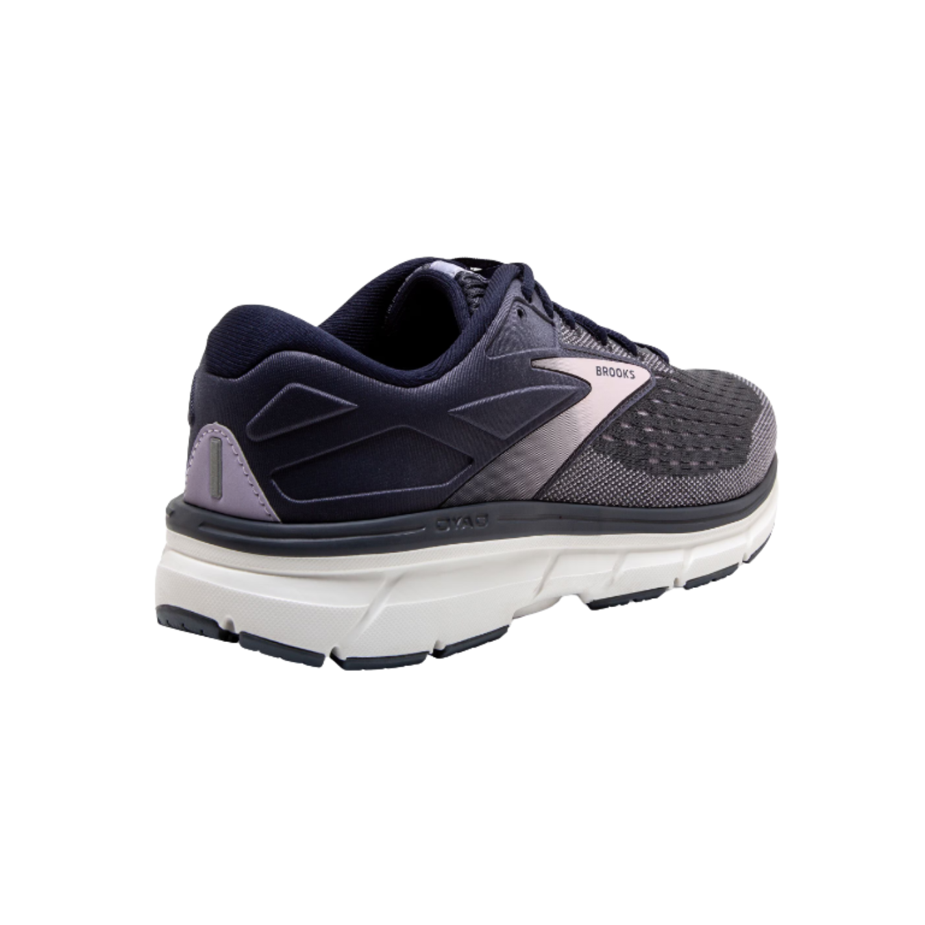 Angled view of Women’s Brooks Dyad 11 in Ombre Primrose/Lavender - featuring a wide platform for enhanced stability, making it ideal for neutral runners seeking support without sacrificing flexibility.
