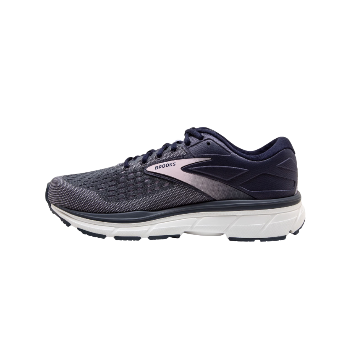 Side view of Women’s Brooks Dyad 11 in Ombre Primrose/Lavender - featuring BioMoGo DNA midsole for soft, responsive cushioning, designed to provide a smooth and comfortable ride during long runs.