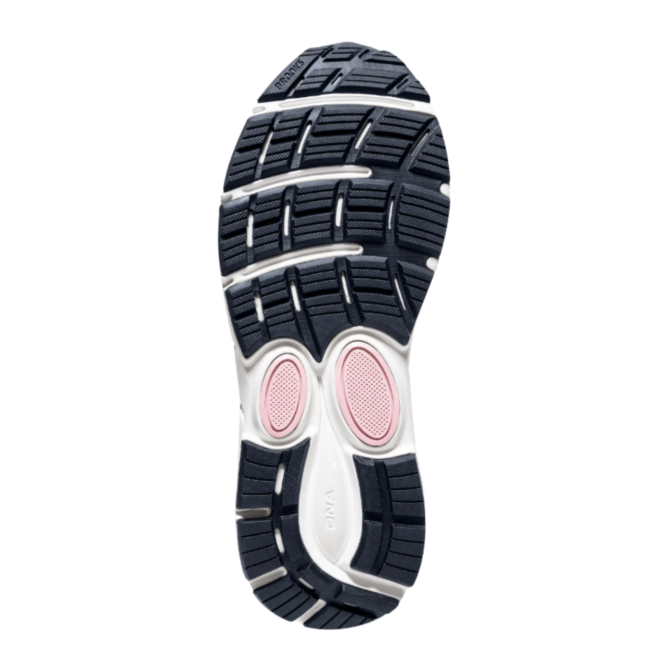 Bottom view of Women’s Brooks Dyad 11 in Ombre Primrose/Lavender - featuring a durable rubber outsole with a segmented crash pad for excellent traction and a smooth transition from heel to toe.
