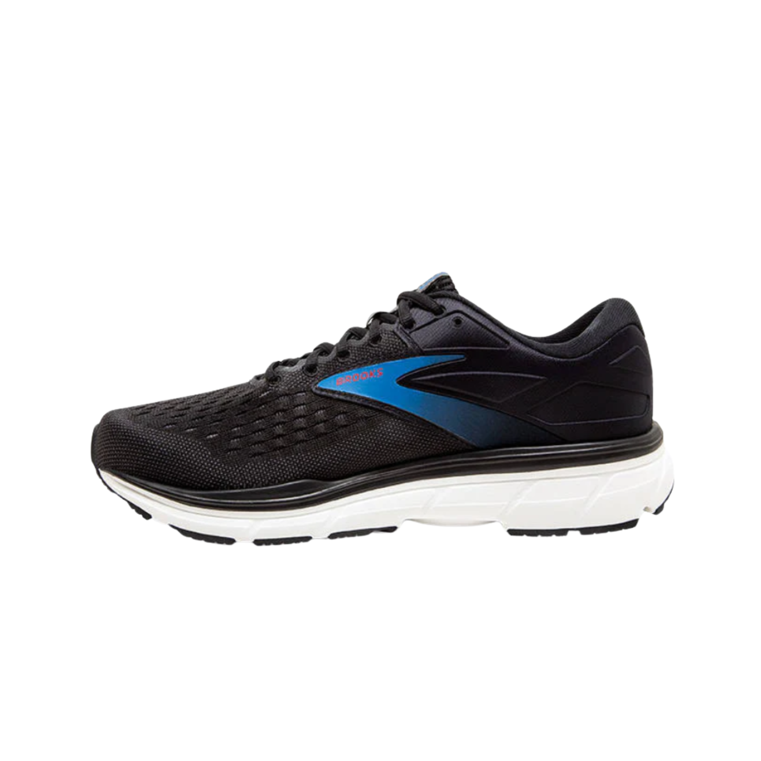 Side View of Men’s Brooks Dyad 11 in Black/Ebony/Blue – Featuring a stable midsole with Dual Arch Pods technology, providing a balanced, cushioned ride for runners and walkers who require neutral support.
