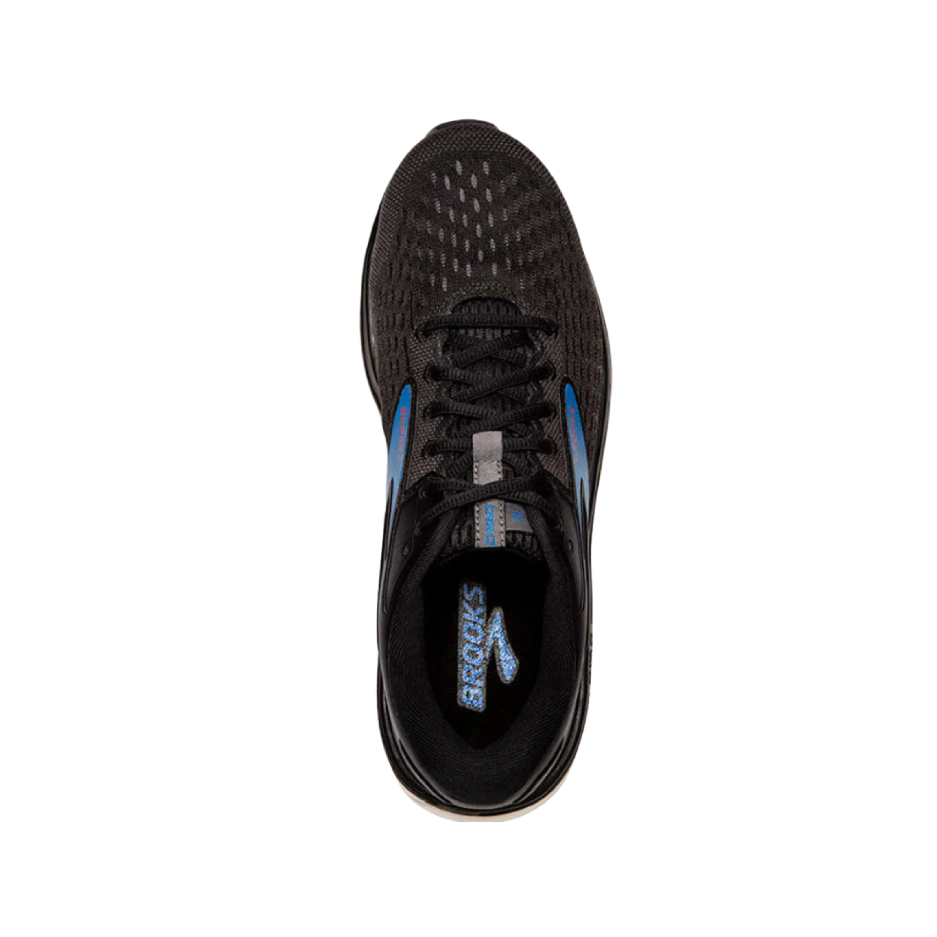 Top View of Men’s Brooks Dyad 11 in Black/Ebony/Blue – Featuring an engineered mesh upper designed for breathability, offering a secure fit while maintaining airflow for all-day comfort.